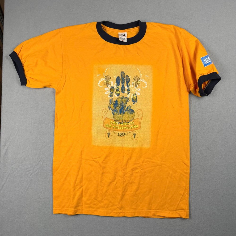 Vintage GM Live Green Go Yellow E85 Ringer T-Shirt Mens Medium Anvil Orange